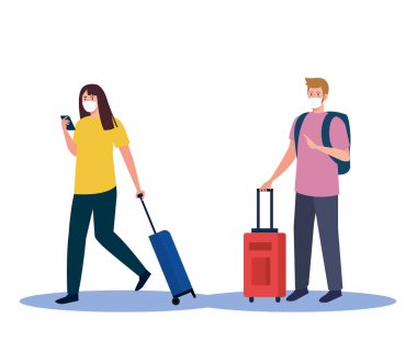 Tıbbi maskeli ve çantalı kadın ve erkek vektör tasarımı