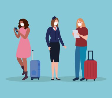 Tıbbi maskeli ve çantalı hostes ve kadınlar vektör tasarımı