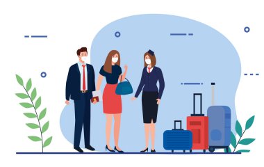 Hostes ve tıbbi maskeli ve çantalı insanlar vektör tasarımı