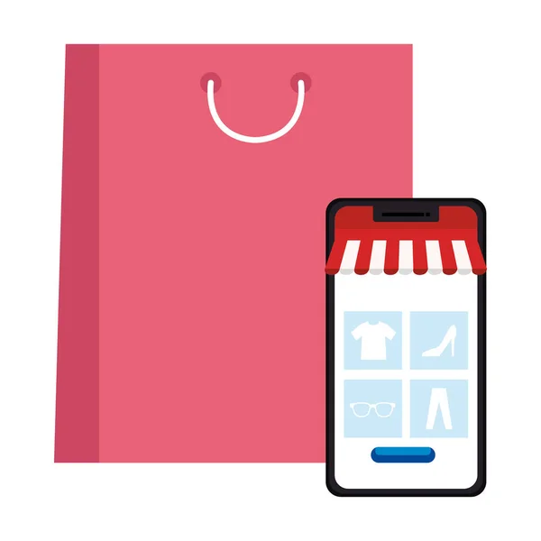 Smartphone con tienda y diseño de vectores bolsa de compras — Archivo Imágenes Vectoriales