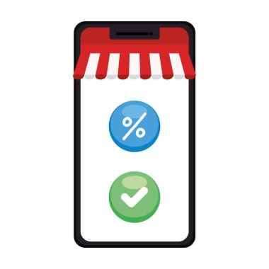 Çadır işaretli akıllı telefon ve satış düğmesi vektör tasarımı