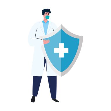 Tıbbi maskeli erkek doktor ve çapraz vektör tasarımlı kalkan.