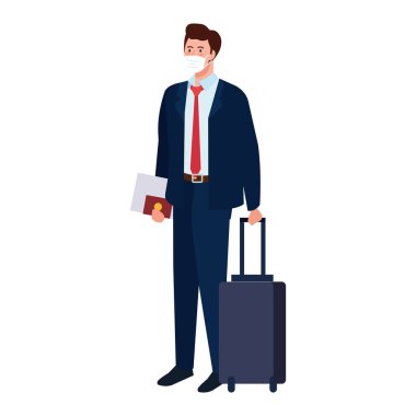 Tıbbi maskeli ve çanta vektör tasarımlı bir adam.