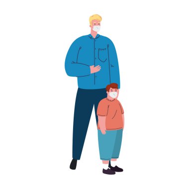 Tıbbi maske tasarımı olan bir çocuk ve bir adam.