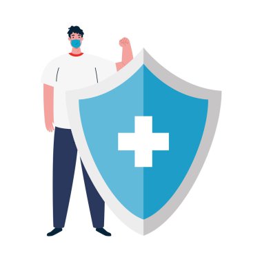 Tıbbi maskeli insan avatarı ve çapraz vektör tasarımlı kalkan