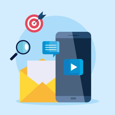 Dijital pazarlama vektör tasarımı simgesi içeren akıllı telefon ve zarf