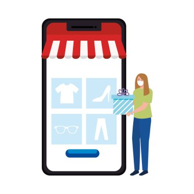 Maskeli kadın akıllı telefon ve hediye vektör tasarımı