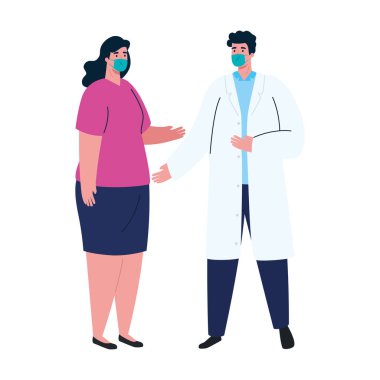 Tıbbi maske tasarımlı erkek doktor ve kadın.