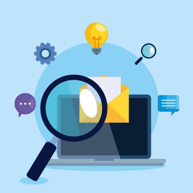 bilgisayar lupe ve zarf dijital pazarlama vektör tasarımı simgesi seti