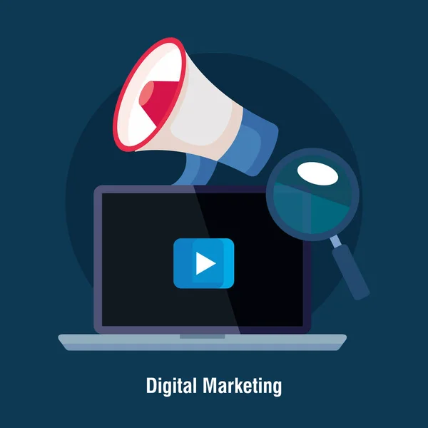 Laptop με megaphone play button και lupe digital marketing vector design — Διανυσματικό Αρχείο