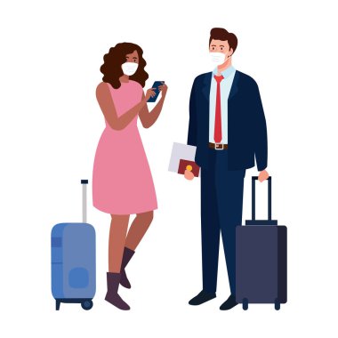 Tıbbi maskeli ve çantalı kadın ve erkek vektör tasarımı