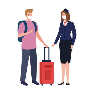 Hostes ve adam tıbbi maske ve çanta vektör tasarımı ile