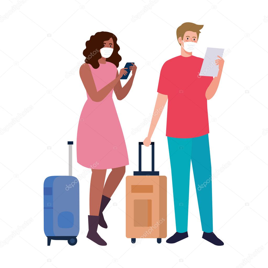 woman and man with medical masks and bags vector design