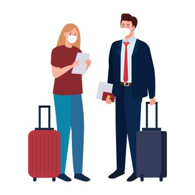 Tıbbi maskeli ve çantalı kadın ve erkek vektör tasarımı