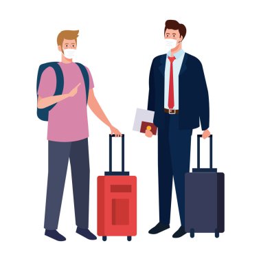 Tıbbi maskeli ve çantalı adamlar vektör tasarımı