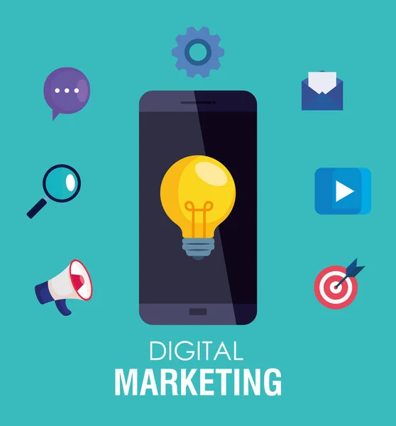 Smartphone e lampadina con set di icone di progettazione vettoriale di marketing digitale — Vettoriale Stock