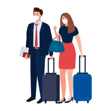 Tıbbi maskeli ve çantalı kadın ve erkek vektör tasarımı