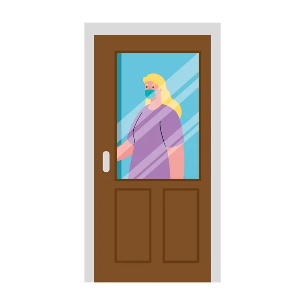 Γυναίκα avatar με μάσκα πίσω από την πόρτα διανυσματικό σχεδιασμό — Διανυσματικό Αρχείο