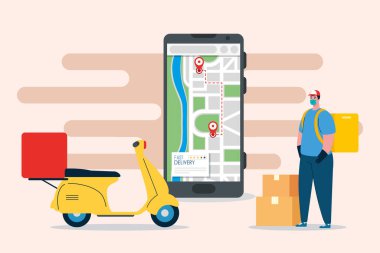 Maskeli motosiklet kutuları ve akıllı telefon vektör tasarımlı teslimatçı.