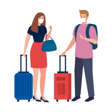 Tıbbi maskeli ve çantalı kadın ve erkek vektör tasarımı