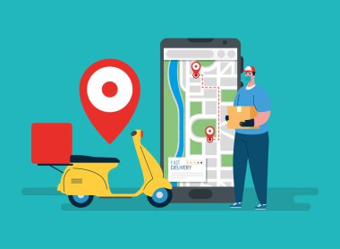 Maskeli bir motosiklet kutusu ve akıllı telefon vektör tasarımı olan teslimatçı.