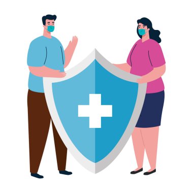 Tıbbi maskeli ve kalkan vektör tasarımlı kadın ve erkek avatarı