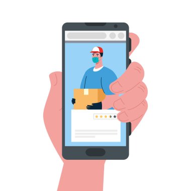 Akıllı telefon vektör tasarımlı, maskeli bir teslimatçı.