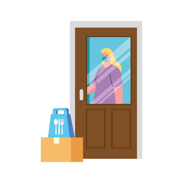 Woman client with mask behind door boxes and food bag vector design — Stock Vector