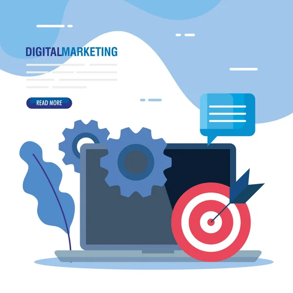 Laptop com alvo e ícone conjunto de design de vetor de marketing digital — Vetor de Stock