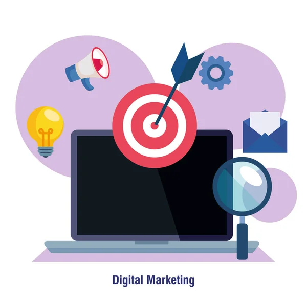 Laptop com lupe alvo e conjunto de ícones de design de vetor de marketing digital —  Vetores de Stock