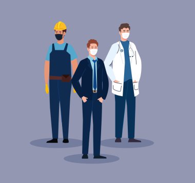 Coronavirus 'a karşı tıbbi maske takan işçi grubuyla çalışan doktor.