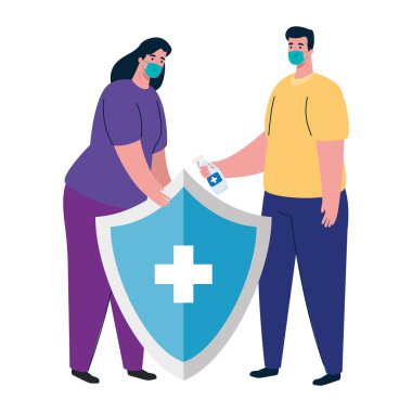 Tıbbi maskeli ve kalkan vektör tasarımlı kadın ve erkek avatarı