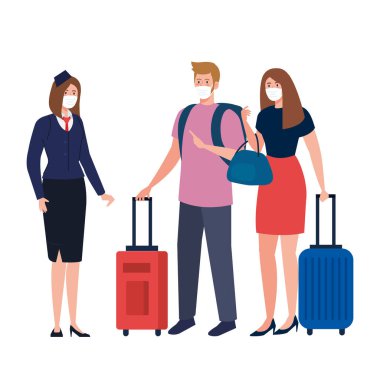 Hostes kadın ve erkek tıbbi maskeli ve çantalı vektör tasarımlı.