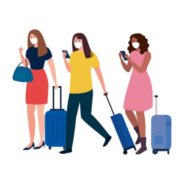 Tıbbi maskeli ve çantalı kadınlar vektör tasarımı