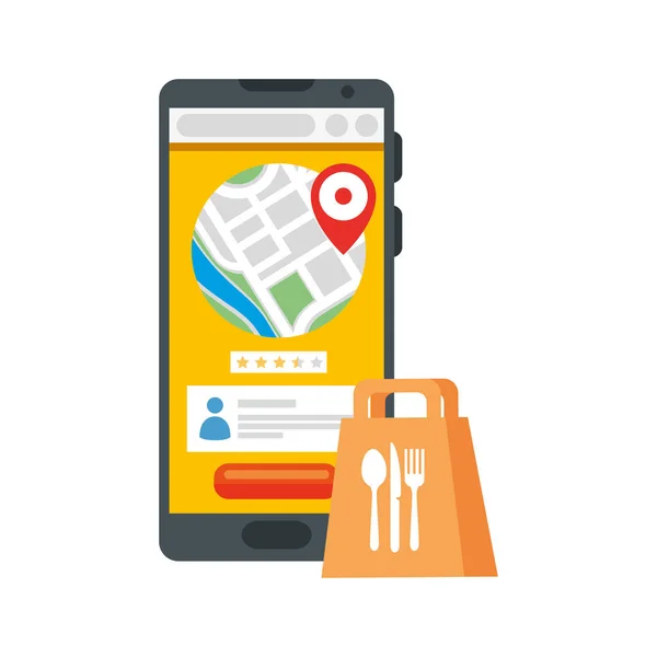 Smartphone con marca gps y bolsa de comida de diseño de vectores de entrega segura — Vector de stock
