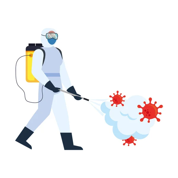 Hombre con traje protector pulverización covid 19 diseño de vectores de virus — Vector de stock