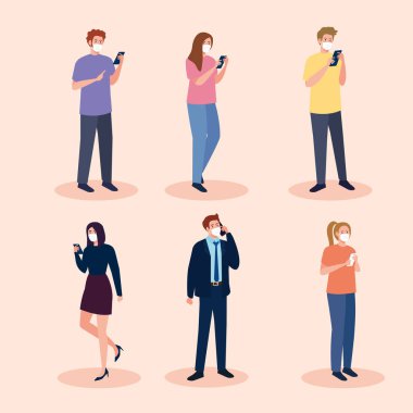 Gruptakiler covid 19 'a karşı tıbbi maske takıyor. Akıllı telefon, sosyal medya koronavirüs konsepti kullanıyorlar.