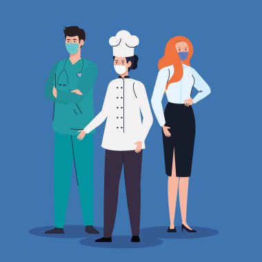 Grup çalışanları covid 19 salgınına karşı tıbbi maske takıyor.