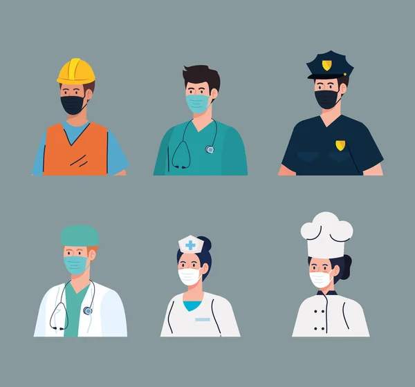 Lavoratori del gruppo che indossano maschera medica contro covid 19 pandemia — Vettoriale Stock