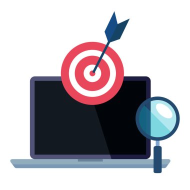 Laptop ve lupe vektör tasarımında izole hedef