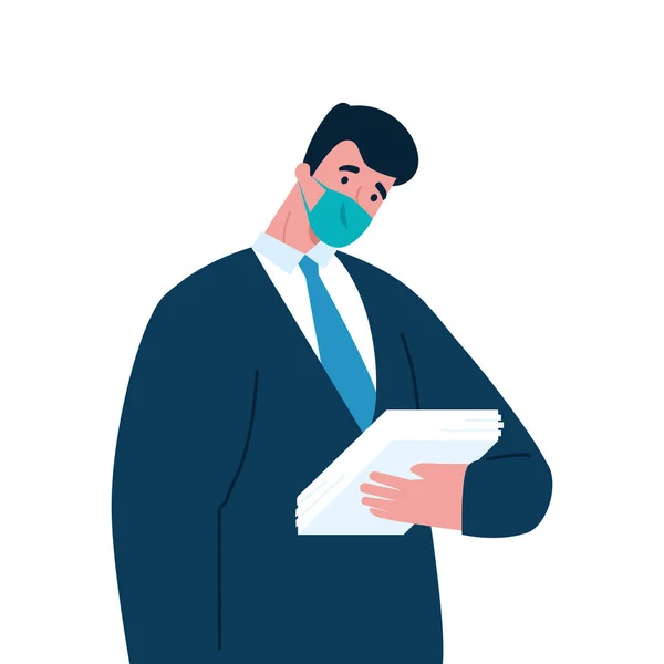 Uomo d'affari con nectkie maschera medica e disegno vettoriale carte — Vettoriale Stock