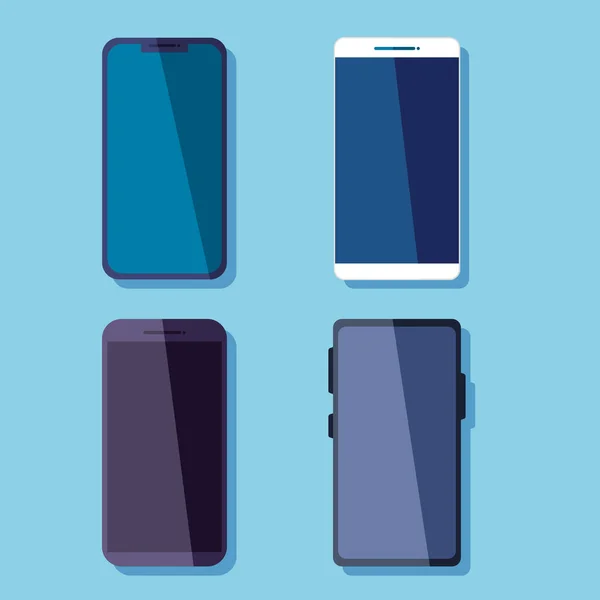 Set mobiele telefoons, smartphones op blauwe achtergrond — Stockvector