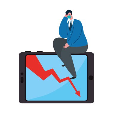 İflas vektörü tasarımı maskesine ve akıllı telefonuna sahip iş adamı