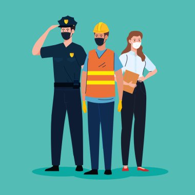 Grup çalışanları covid 19 salgınına karşı tıbbi maske takıyor.