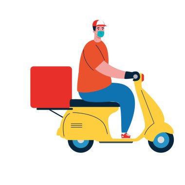 Motosikletli ve kutu vektör tasarımlı bir teslimatçı.