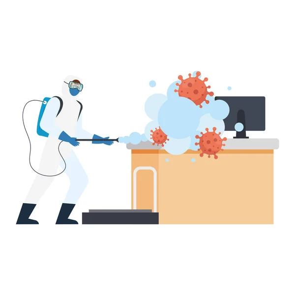 Man with protective suit spraying reception with covid 19 virus vector design — Stock Vector