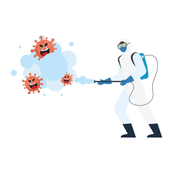 Man with protective suit spraying covid 19 virus cartoons vector design — Stock Vector