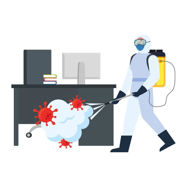 Hombre con traje protector rociando recepción con diseño de vectores de virus covid 19 — Vector de stock