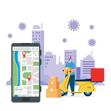 Maskeli motosiklet kutuları ve akıllı telefon vektör tasarımlı teslimatçı.