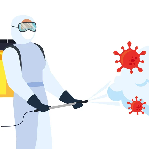 Uomo con tuta protettiva spruzzatura covid 19 disegno del vettore del virus — Vettoriale Stock